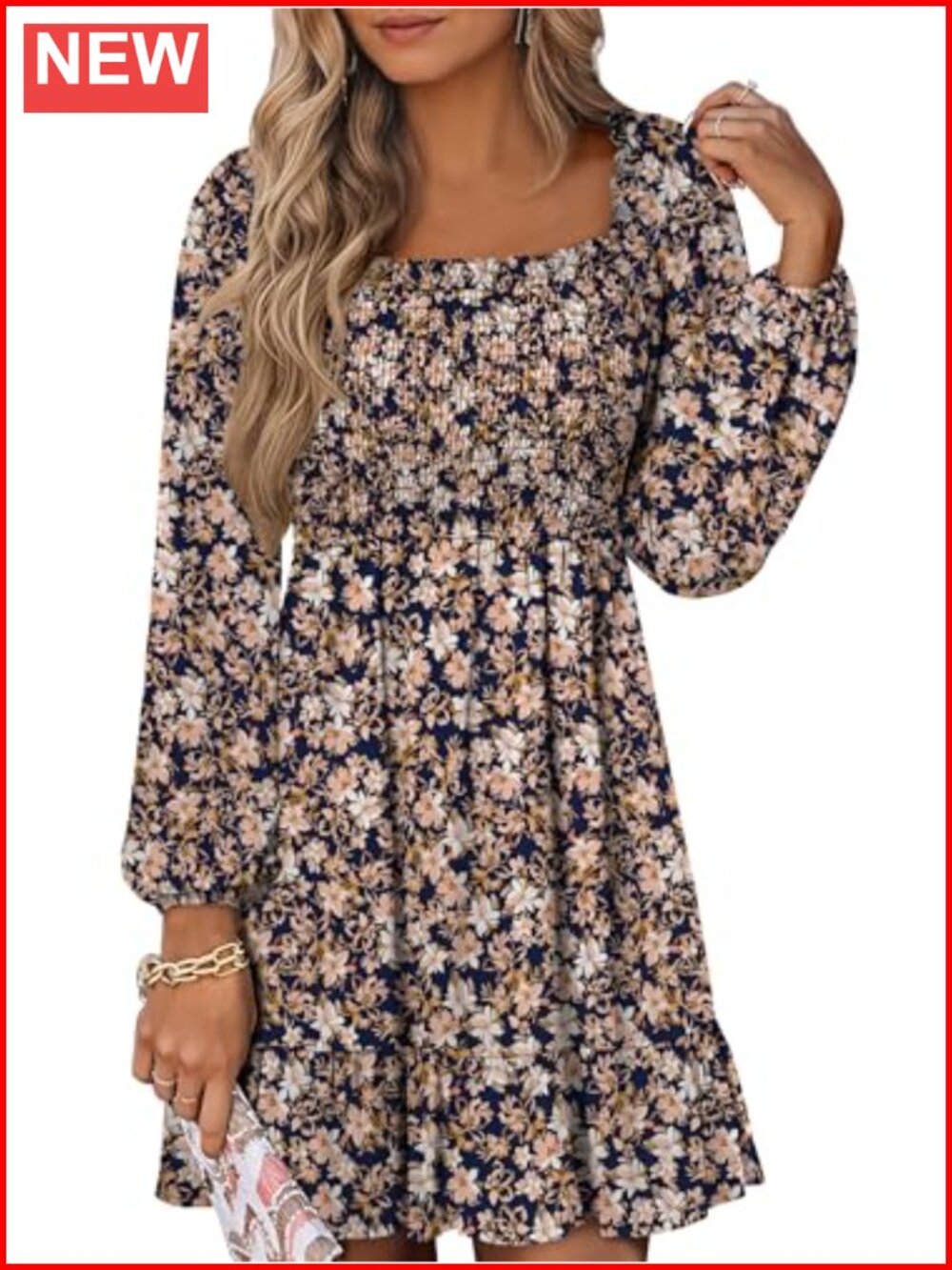 Womens Square Neck Lantern Sleeve Smocked High Waist Tiered Ruffle Swing Dress